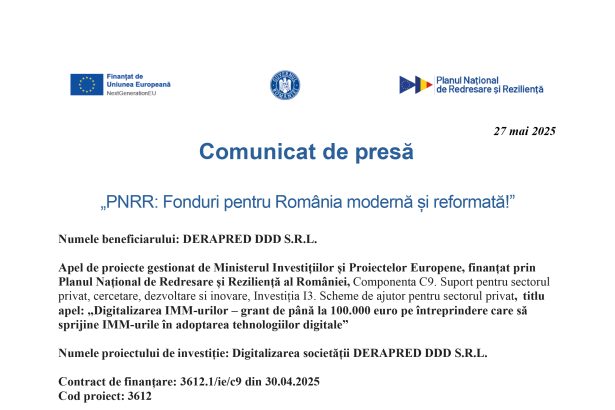 Comunicat de presa DERAPRED DDD S.R.L DERAPRED DDD S.R.L.