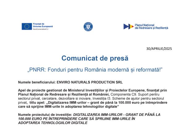 Comunicat de presa ENVIRO NATURALS PRODUCTION SRL ENVIRO NATURALS PRODUCTION SRL