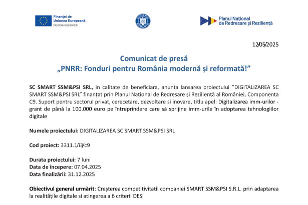 Comunicat de presa SC SMART SSMPSI SRL SC SMART SSM&PSI SRL