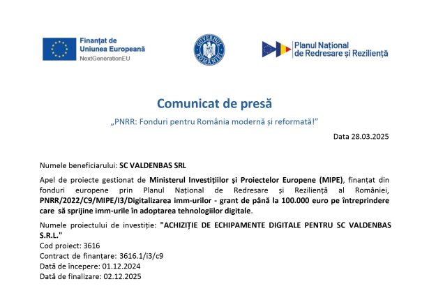 Comunicat de presa SC VALDENBAS SRL SC VALDENBAS SRL