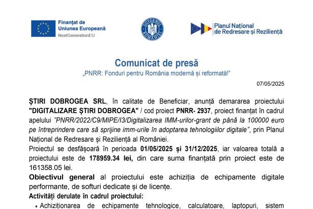 Comunicat de presa STIRI DOBROGEA SRL ȘTIRI DOBROGEA SRL