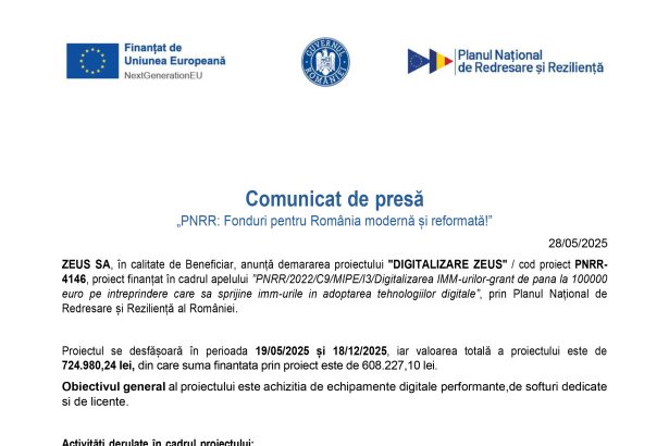 Comunicat de presa ZEUS SA ZEUS SA