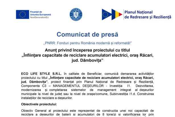 Comunicat de presa ECO LIFE STYLE S.R.L ECO LIFE STYLE S.R.L