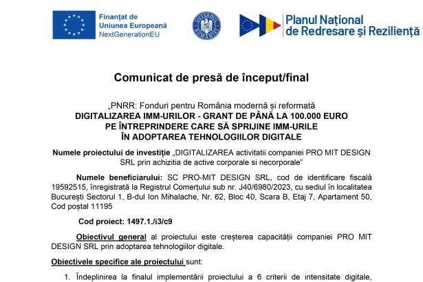 Comunicat de presa SC PRO MIT DESIGN SRL SC PRO-MIT DESIGN SRL