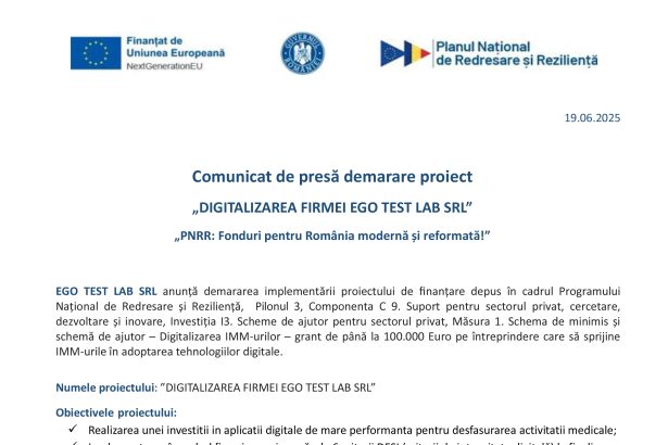 Comunicat de presa demarare EGO TEST LAB SRL EGO TEST LAB SRL