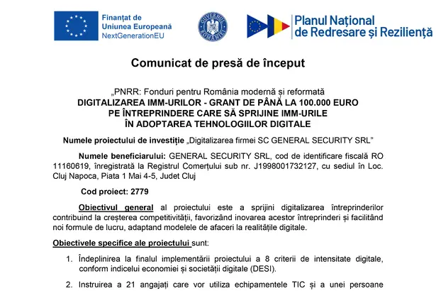 Comunicat de presa GENERAL SECURITY SRL GENERAL SECURITY SRL