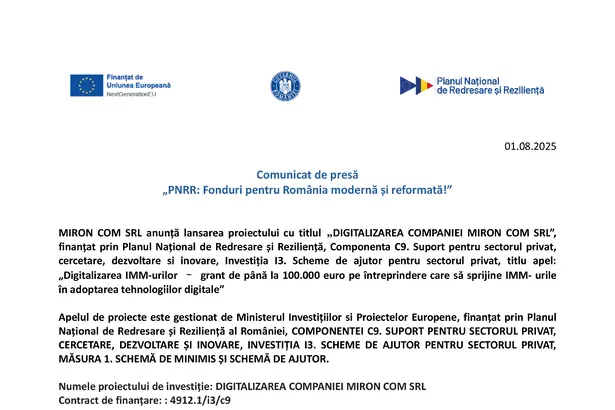 Comunicat de presa MIRON COM SRL MIRON COM SRL