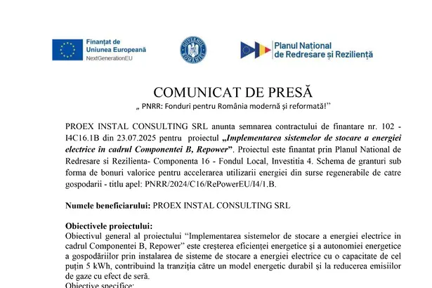 Comunicat de presa PROEX INSTAL CONSULTING SRL PROEX INSTAL CONSULTING SRL