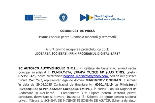 Comunicat de presa SC AUTOLCD AUTOVEHICULE S.R.L SC AUTOLCD AUTOVEHICULE S.R.L.