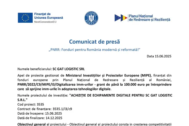 Comunicat de presa SC GAT LOGISTIC SRL SC GAT LOGISTIC SRL