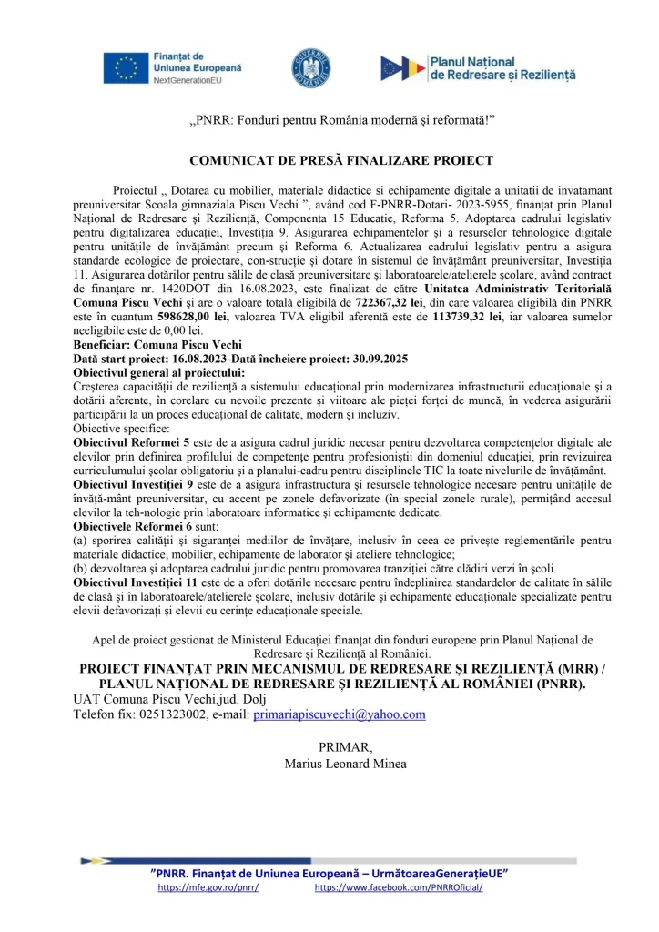 Comunicat de presa Comuna Piscu Vechi COMUNA PISCU VECHI