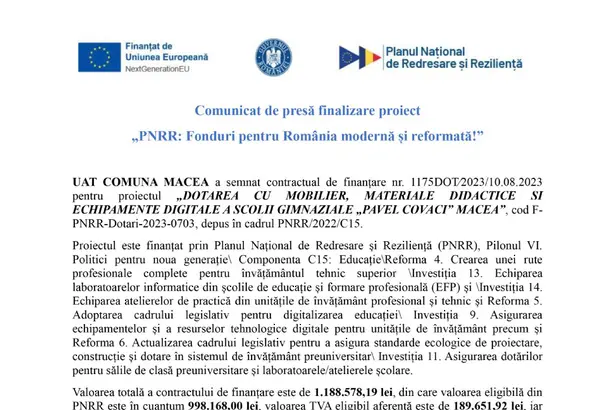 Comunicat de presa UAT COMUNA MACEA UAT COMUNA MACEA