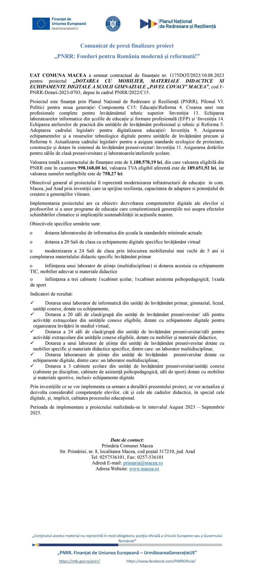 Comunicat de presa UAT COMUNA MACEA UAT COMUNA MACEA