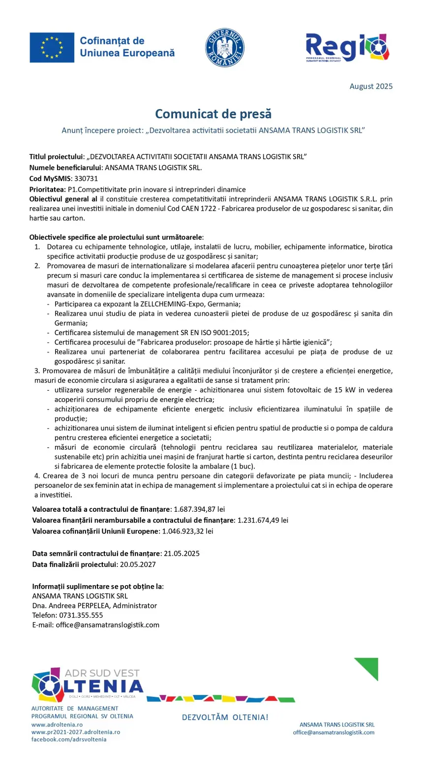 Comunicat de presă ANSAMA TRANS LOGISTIK SRL 1 image ANSAMA TRANS LOGISTIK SRL