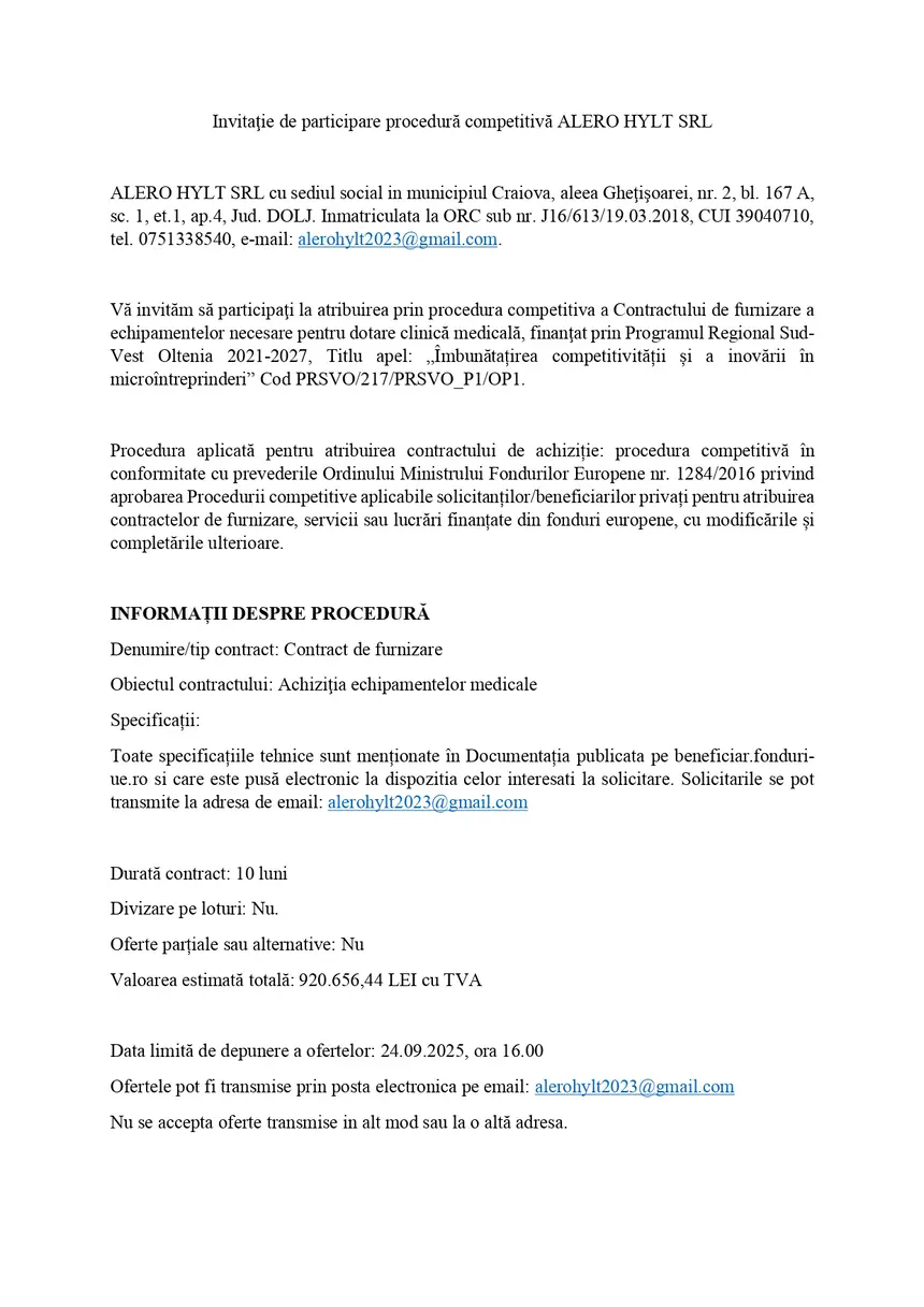 ANUNT Procedura competitiva ALERO HYLT page 0001 ALERO HYLT SRL