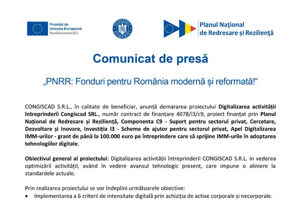 Comunicat de presa CONGISCAD S.R.L CONGISCAD S.R.L.