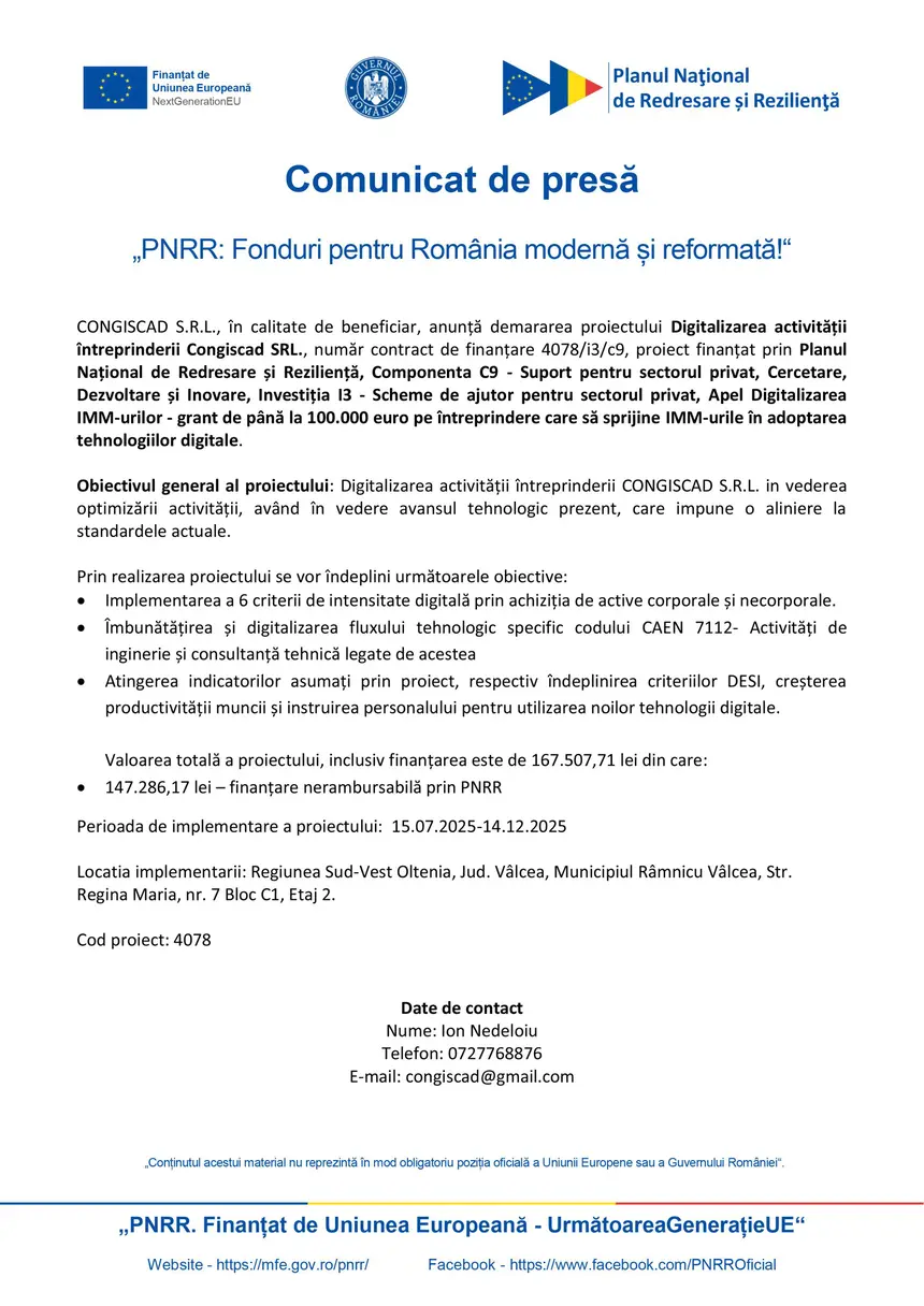 Comunicat de presa CONGISCAD S.R.L CONGISCAD S.R.L.