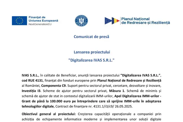 Comunicat de presa IVAS S.R.L IVAS S.R.L.