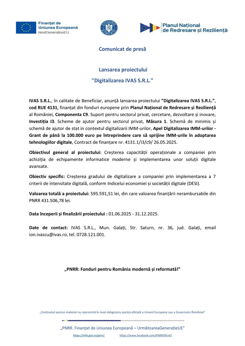 Comunicat de presa IVAS S.R.L IVAS S.R.L.