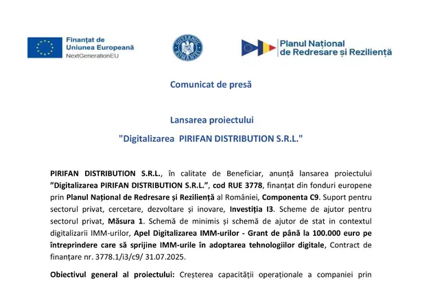 Comunicat de presa PIRIFAN DISTRIBUTION S.R.L PIRIFAN DISTRIBUTION S.R.L.