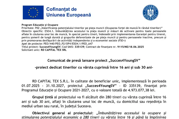 RD CAPITAL TEX S.R.L. - Comunicat de presă RD CAPITAL TEX S.R.L. („Succes4YoungSV”)