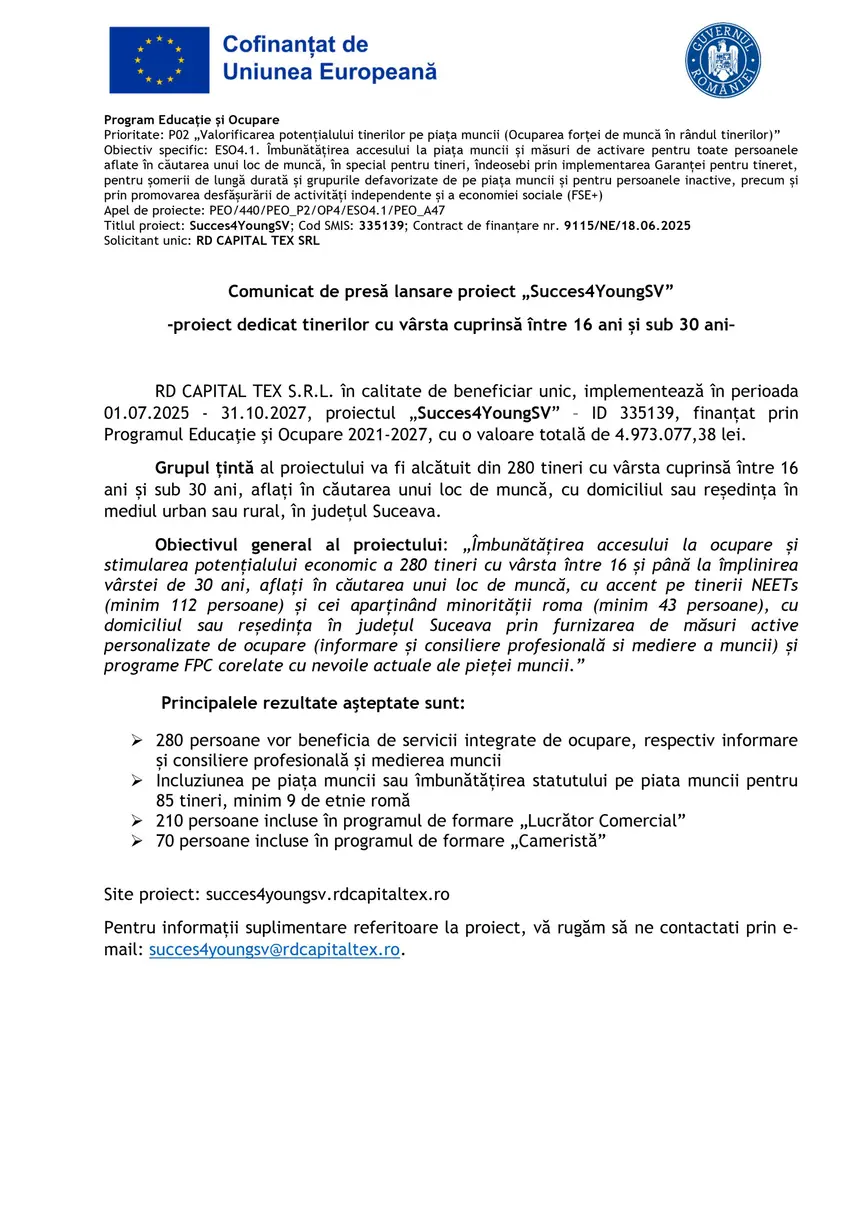 RD CAPITAL TEX S.R.L. - Comunicat de presă RD CAPITAL TEX S.R.L. („Succes4YoungSV”)