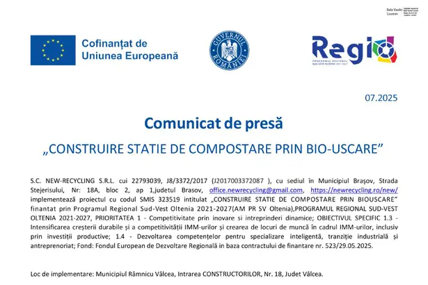 Comunicat de presa S.C. NEW RECYCLING S.R.L S.C. NEW-RECYCLING S.R.L.