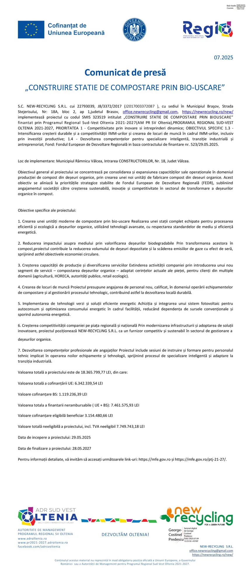 Comunicat de presa S.C. NEW RECYCLING S.R.L S.C. NEW-RECYCLING S.R.L.