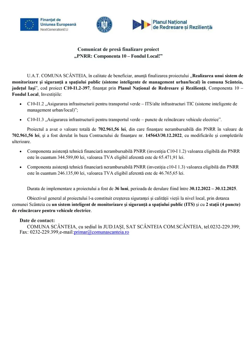 Comunicat de presa U.A.T. COMUNA SCANTEIA U.A.T. COMUNA SCÂNTEIA