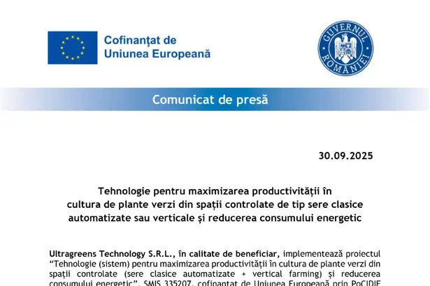 Comunicat de Presa Ultragreens 30 Ultragreens Technology S.R.L.
