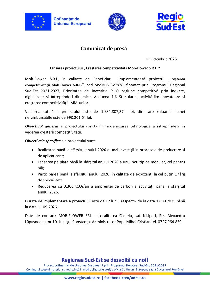 Mob-Flower SRL - Comunicat de presă Mob-Flower SRL