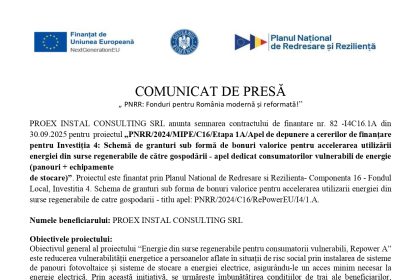 COMUNICAT PRESĂ PROEX - COMUNICAT DE PRESĂ PROEX INSTAL CONSULTING SRL