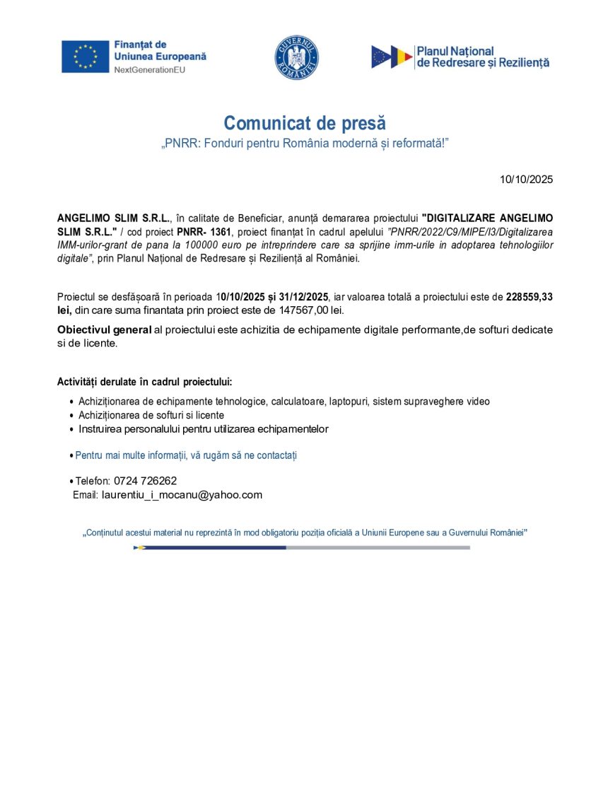 Comunicat - Comunicat de presă ANGELIMO SLIM S.R.L.