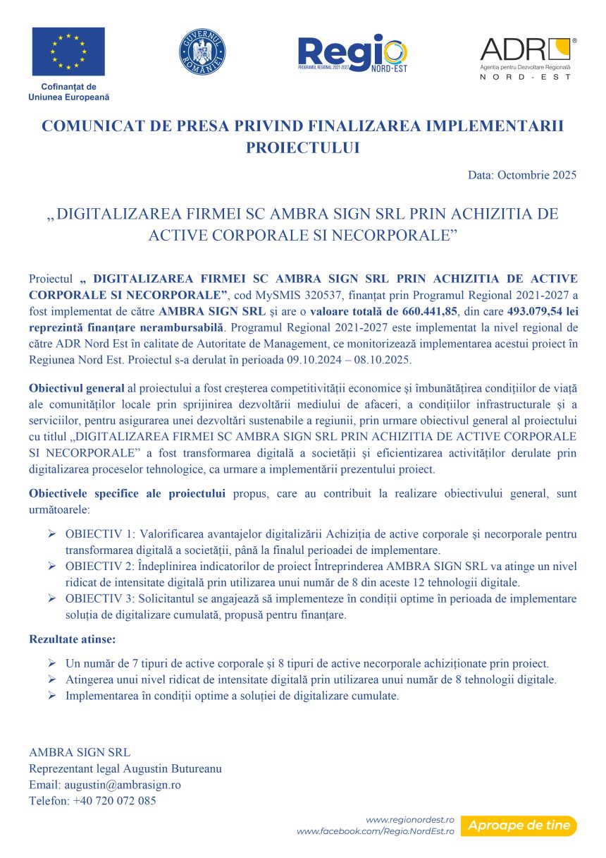 Comunicat - Comunicat de presă AMBRA SIGN SRL