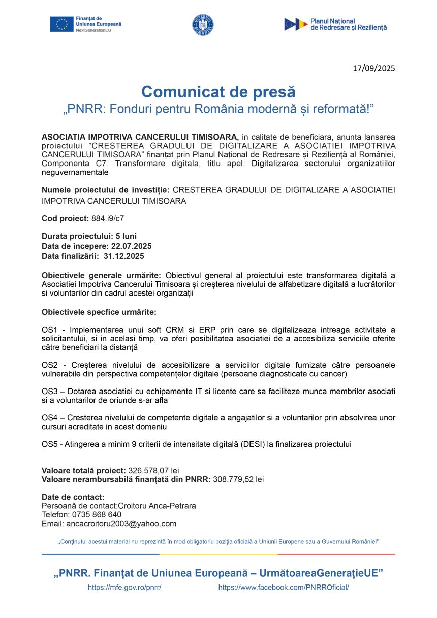 ASOCIATIA IMPOTRIVA CANCERULUI TIMISOARA - Comunicat de presă ASOCIATIA IMPOTRIVA CANCERULUI TIMISOARA