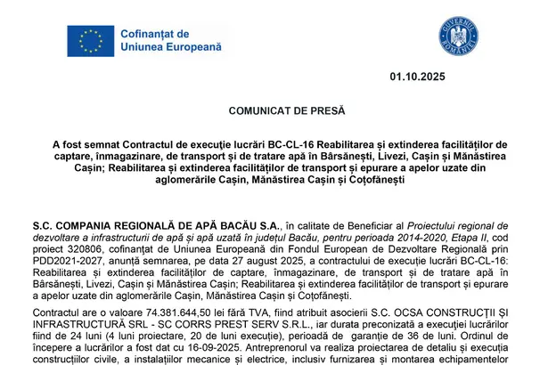 Comunicat de presa COMPANIA REGIONALA DE APA BACAU SA 2 COMPANIA REGIONALĂ DE APĂ BACĂU SA