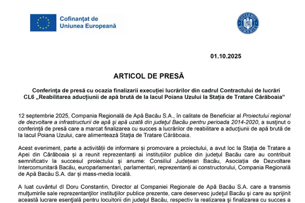 Comunicat de presa Compania Regionala de Apa Bacau SA Compania Regională de Apă Bacău SA