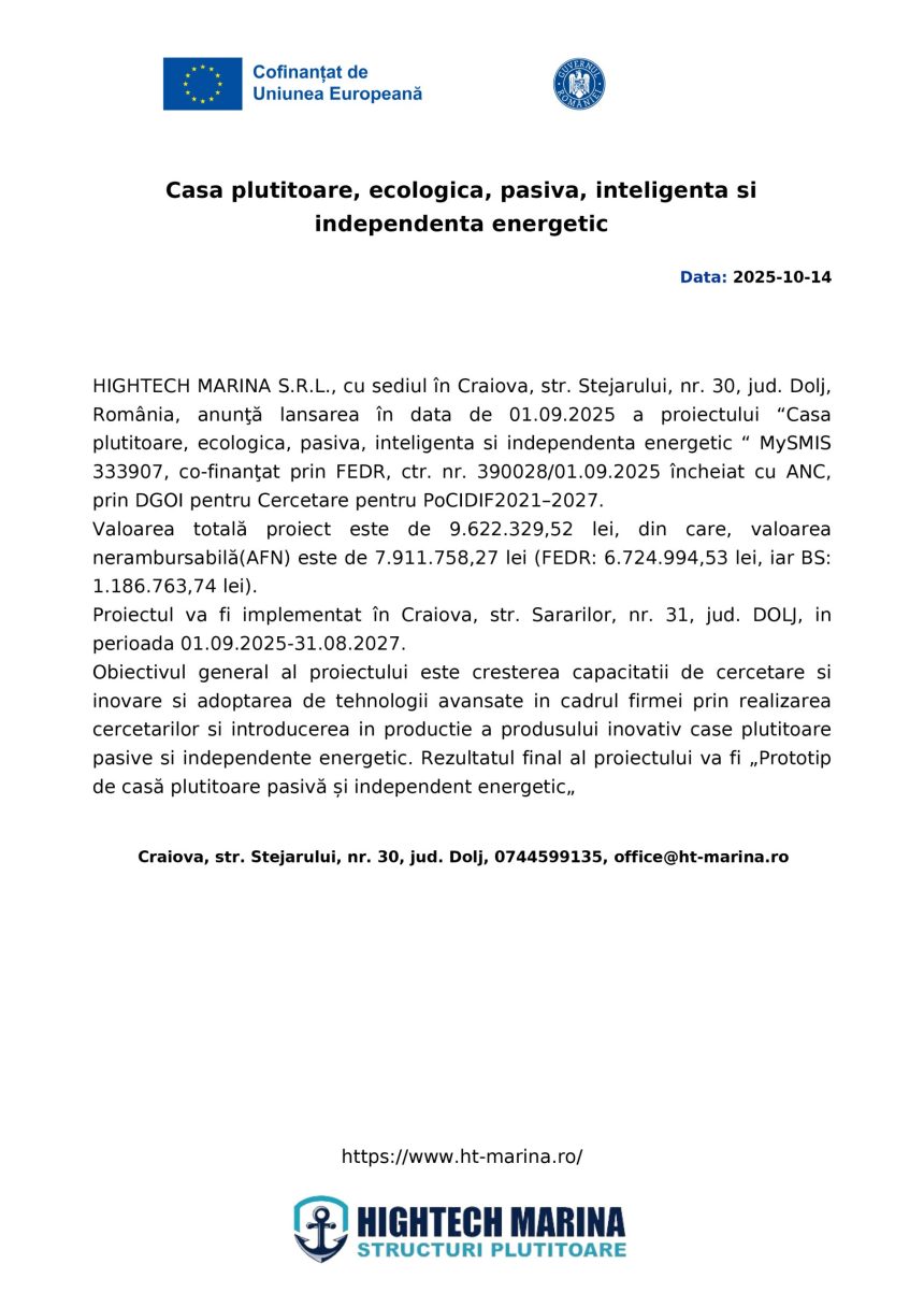 Comunicat - Comunicat de presă HIGHTECH MARINA S.R.L.