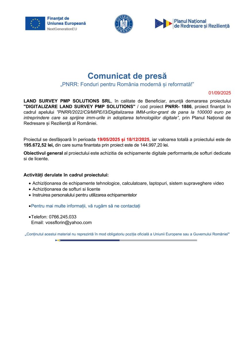 Comunicat - Comunicat de presă LAND SURVEY PMP SOLUTIONS SRL
