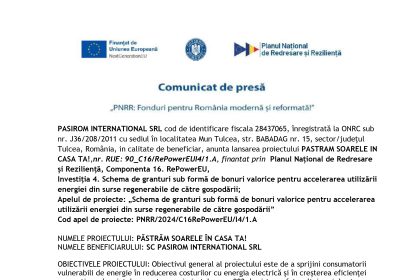 Comunicat - Comunicat de presă PASIROM INTERNATIONAL SRL