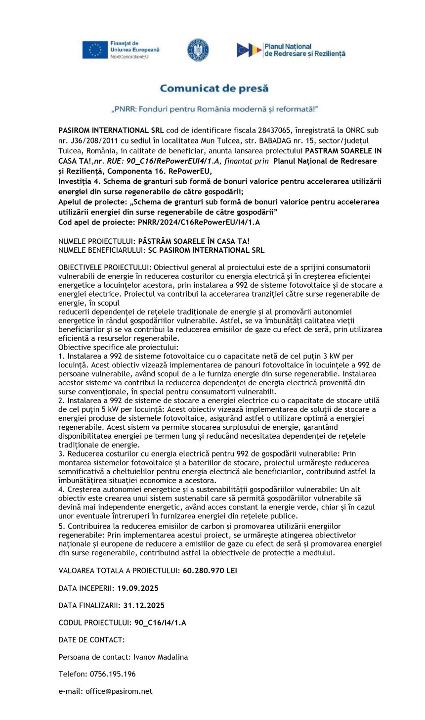 Comunicat - Comunicat de presă PASIROM INTERNATIONAL SRL