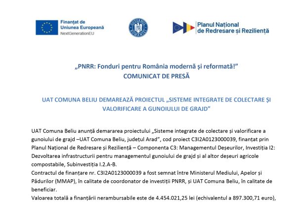 UAT Comuna Beliu - Comunicat de presă UAT Comuna Beliu