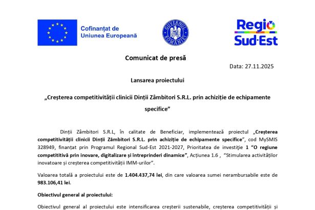 Comunicat de presă - Comunicat de presă Lansarea proiectului „Creșterea competitivității clinicii Dinții Zâmbitor...