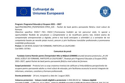 Comunicat presă Fundația - Comunicat de presă Fundația Centrul Român pentru Întreprinderi Mici și Mijlocii (CRIMM)