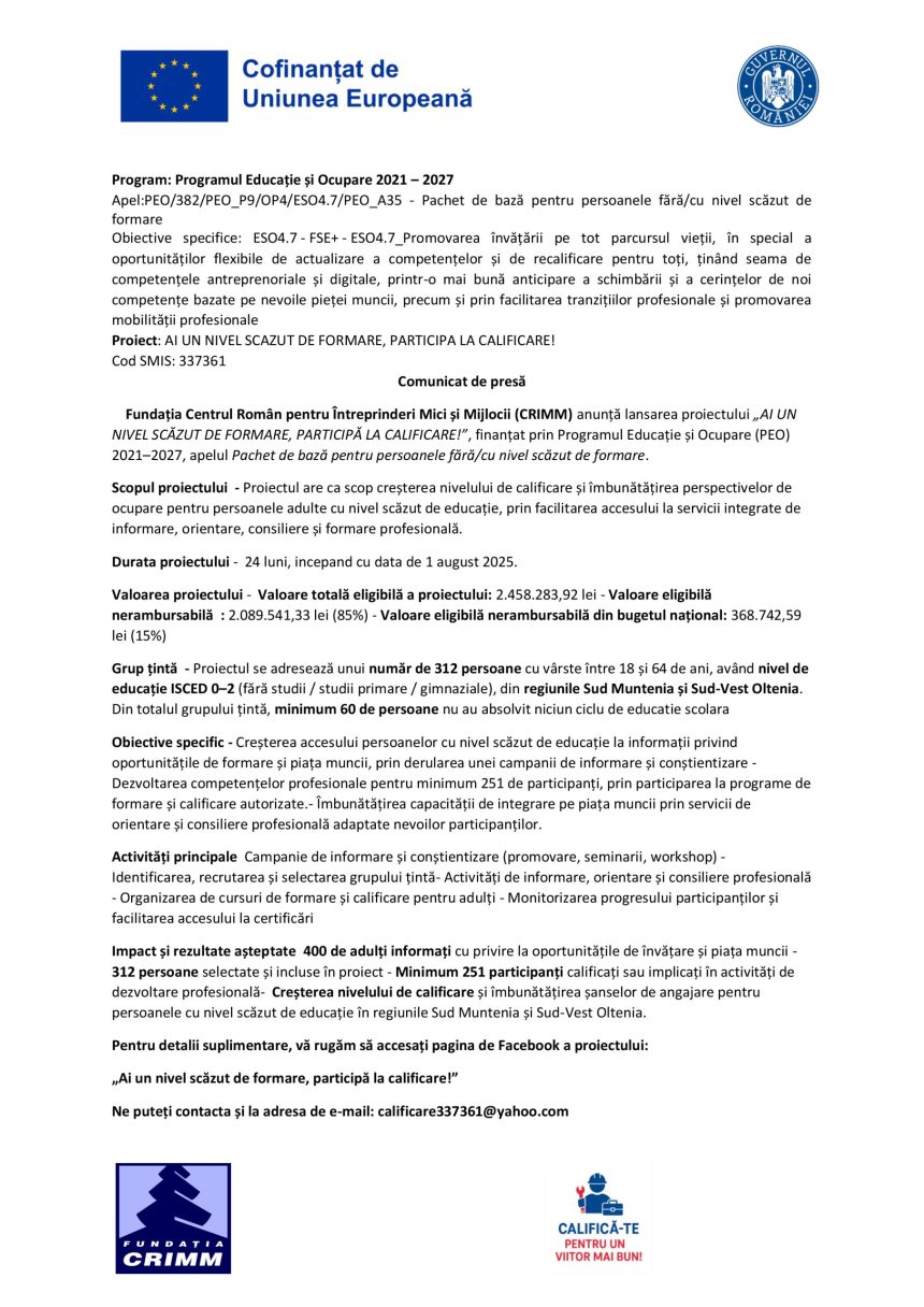 Comunicat presă Fundația - Comunicat de presă Fundația Centrul Român pentru Întreprinderi Mici și Mijlocii (CRIMM)