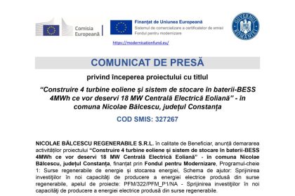 Comunicat presă NICOLAE - Comunicat de presă NICOLAE BĂLCESCU REGENERABILE SRL