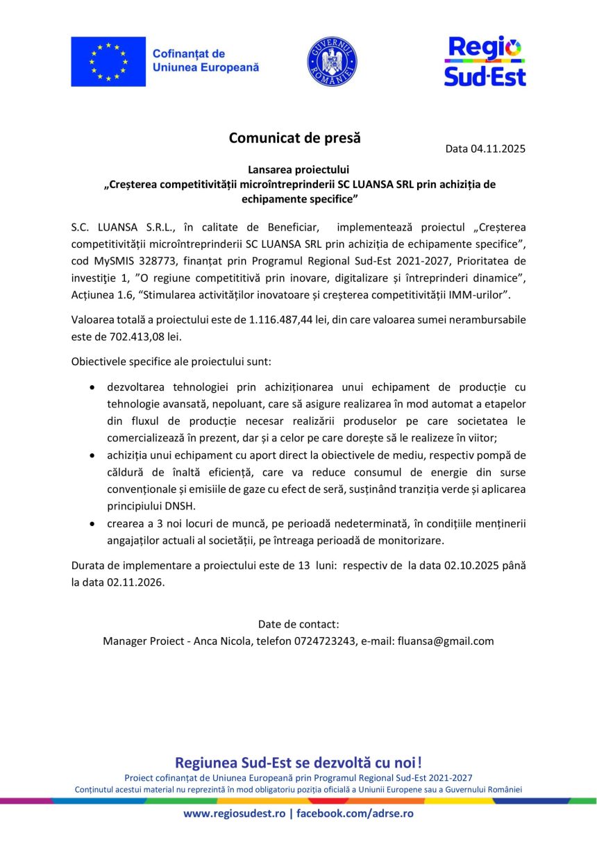 Comunicat presă S.C - Comunicat de presă S.C. LUANSA S.R.L.