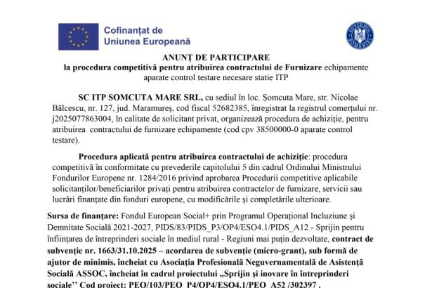 Comunicat presă ITP - Comunicat de presă SC ITP SOMCUTA MARE SRL