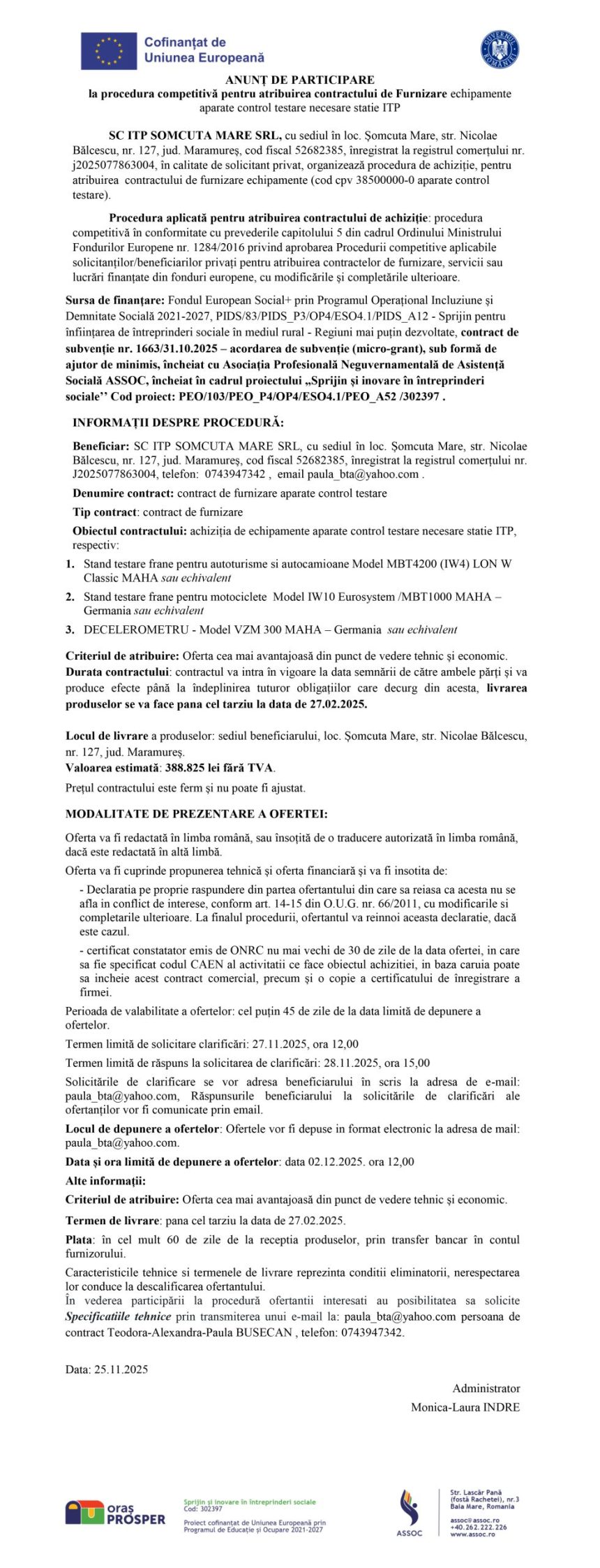 Comunicat presă ITP - Comunicat de presă SC ITP SOMCUTA MARE SRL