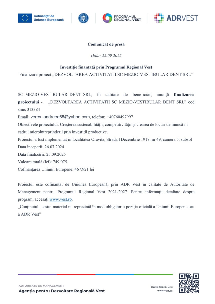 Comunicat presă MEZIO-VESTIBULAR - Comunicat de presă SC MEZIO-VESTIBULAR DENT SRL